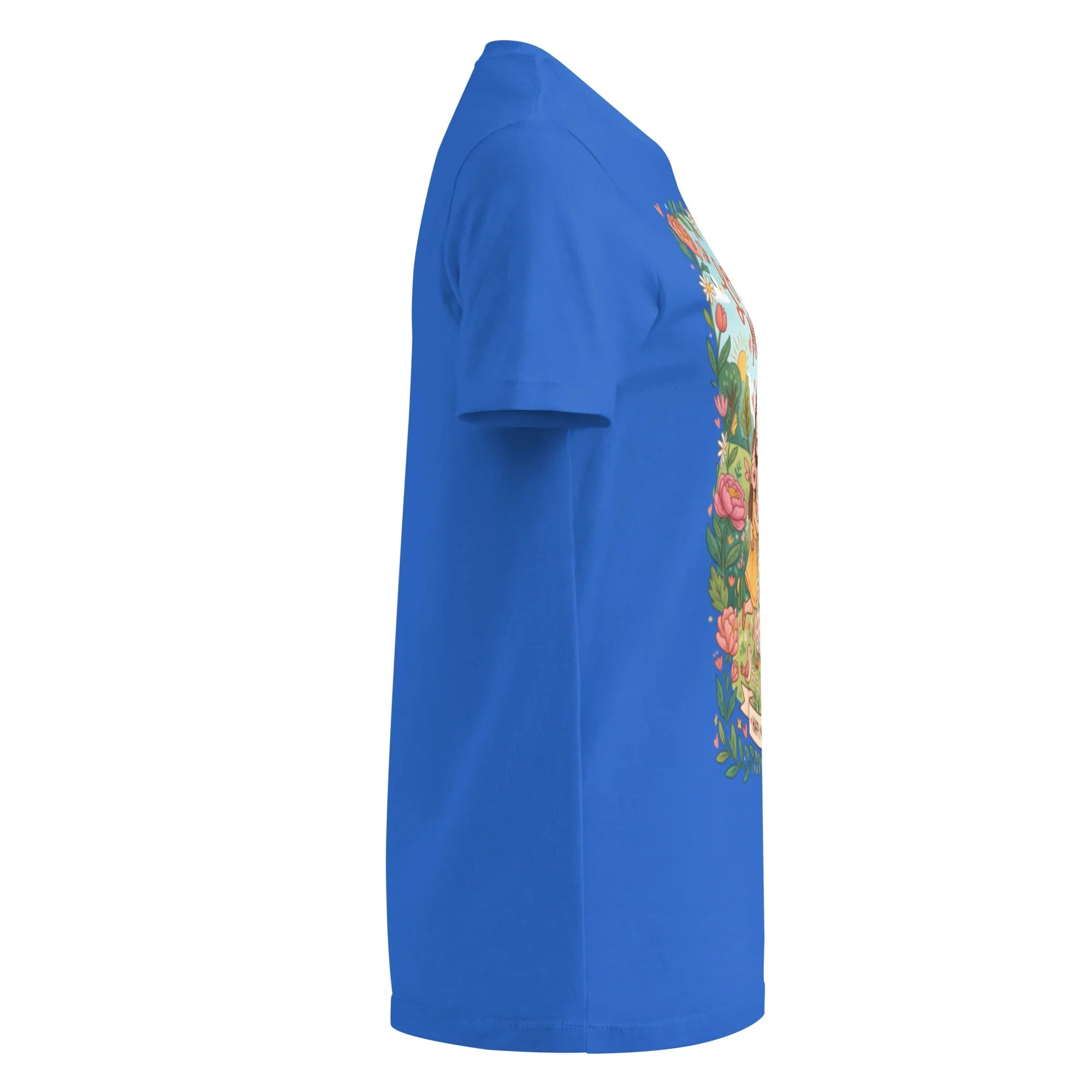 Women's royal blue softstyle t-shirt with colorful floral graphic, side view