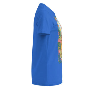 Women's royal blue softstyle t-shirt with colorful floral graphic, side view