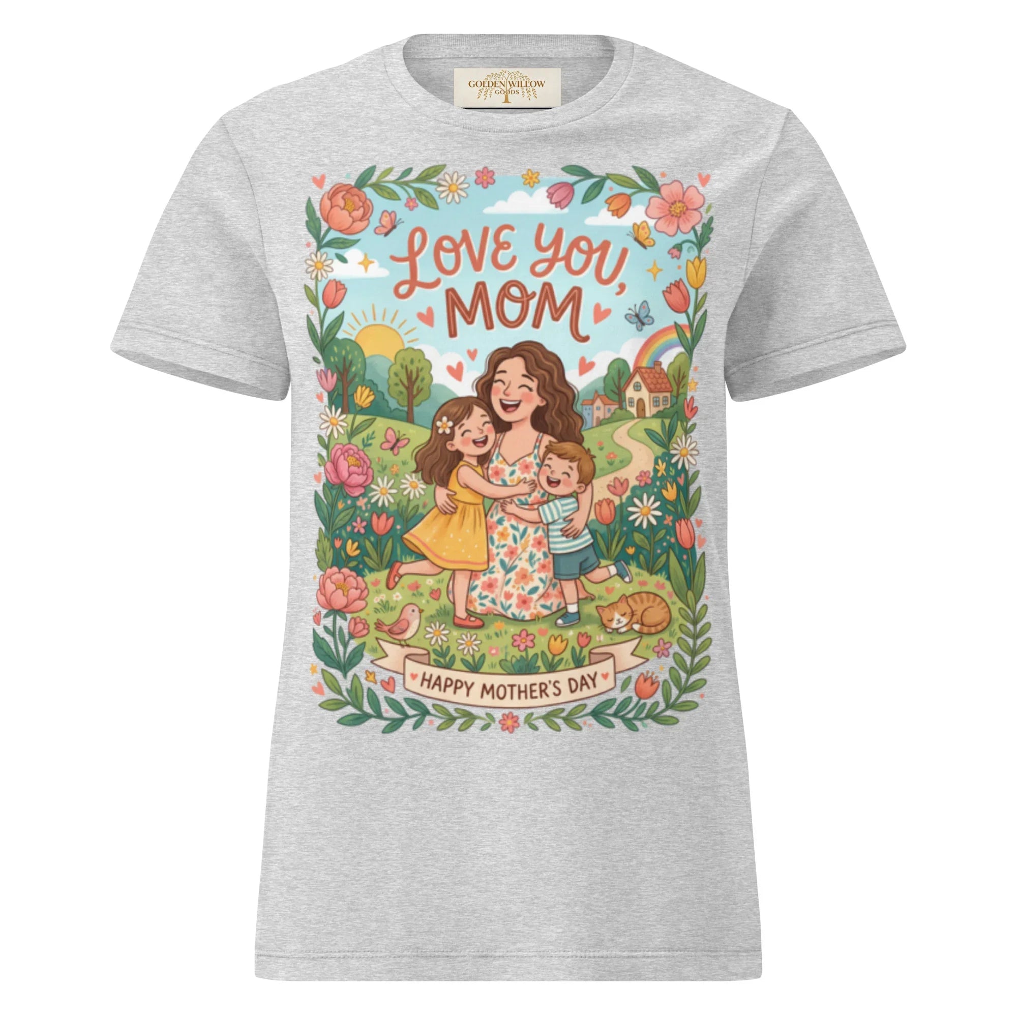 Grey women's t-shirt with colorful 'Love You Mom' Mother's Day graphic featuring a mother hugging two children in a floral, scenic background.