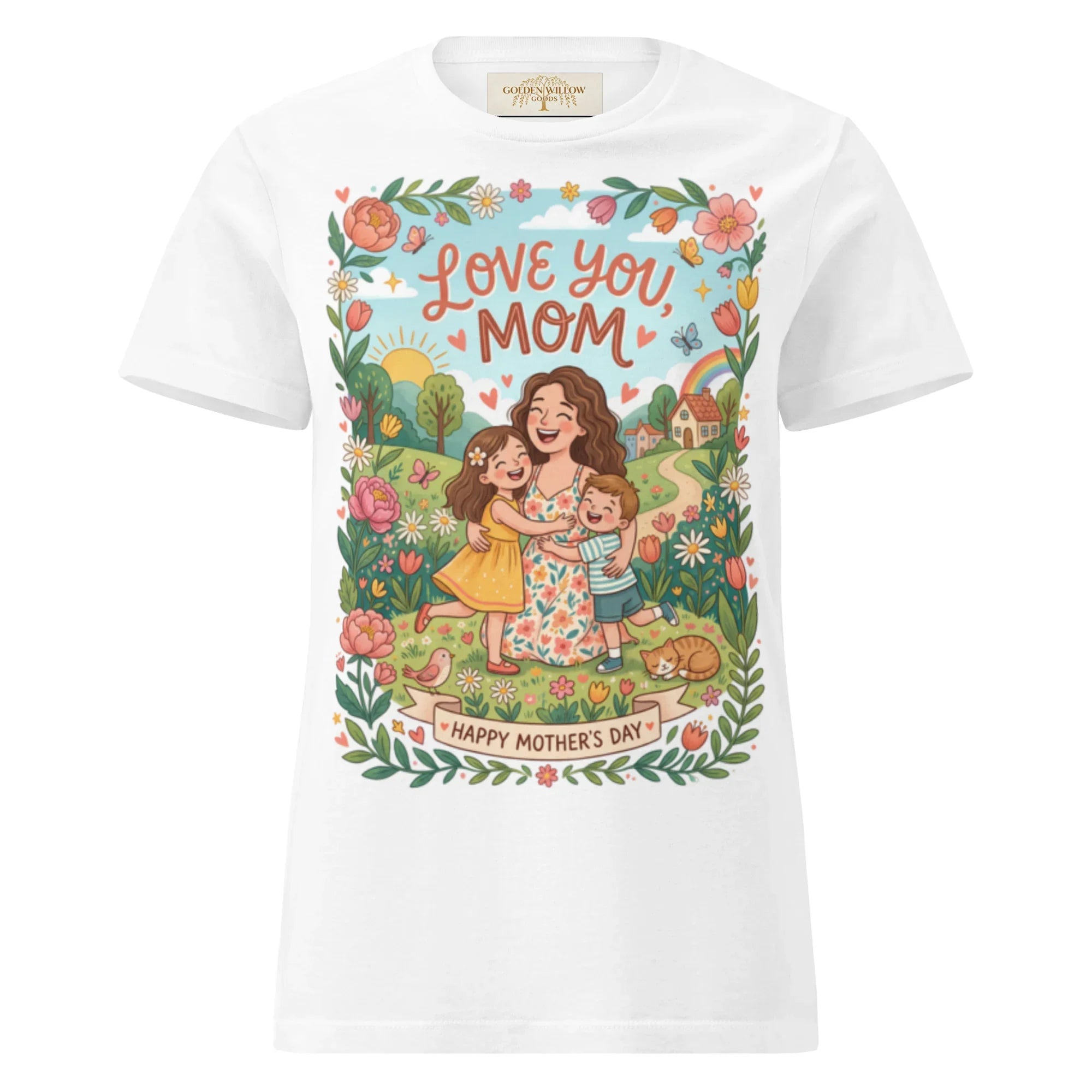 White women's t-shirt with 'Love You Mom' and 'Happy Mother's Day' floral graphic and family illustration.