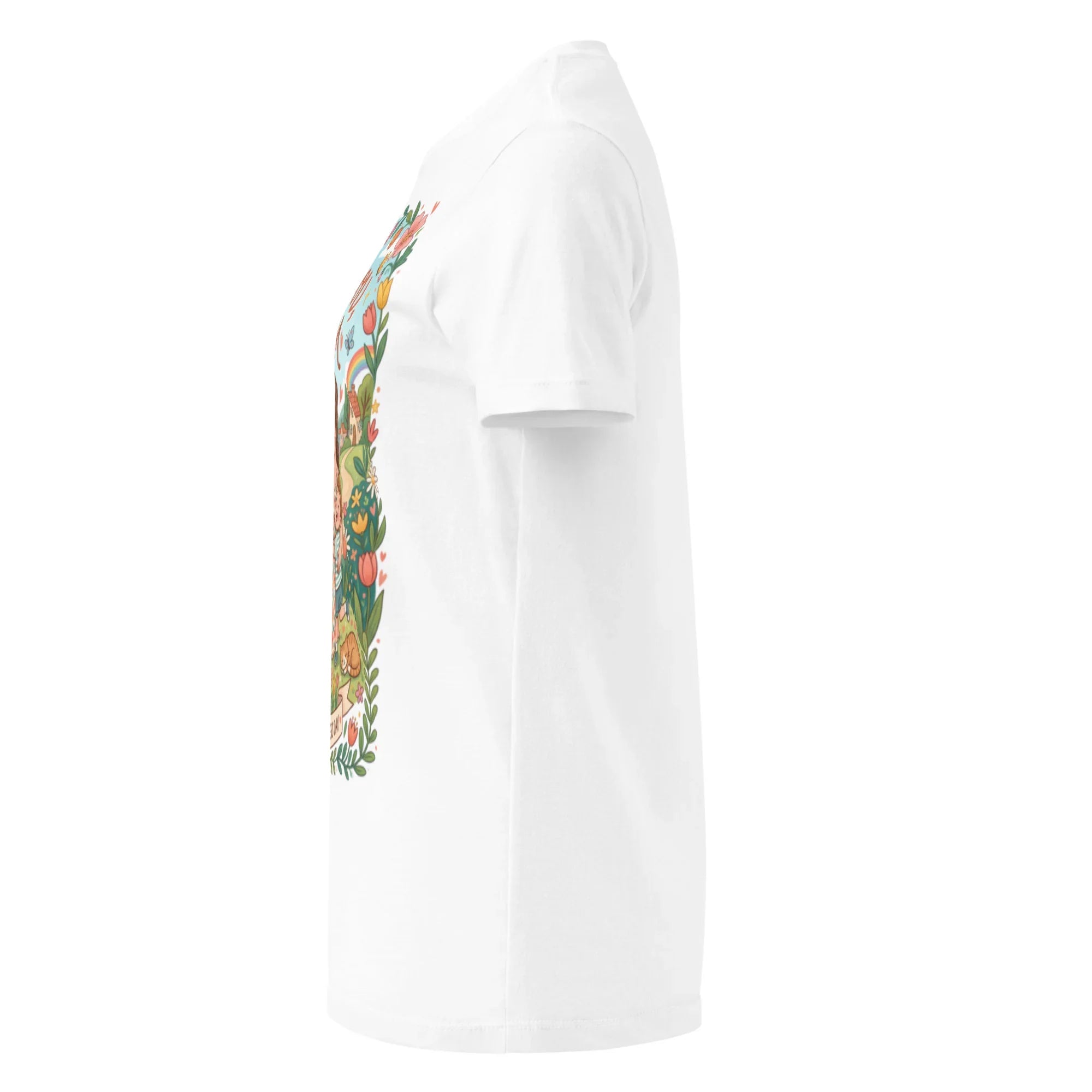 Women's white short sleeve t-shirt with colorful floral graphic, side view